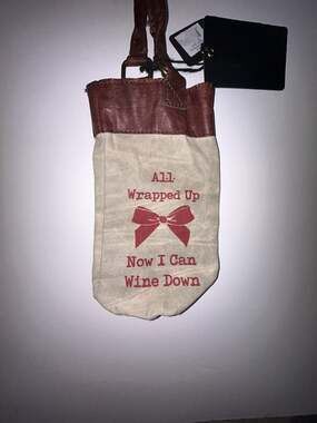 Mona B Up-Cycled Canvas and Leather Wine Bag with 'All Wrapped Up Now I Can Wine